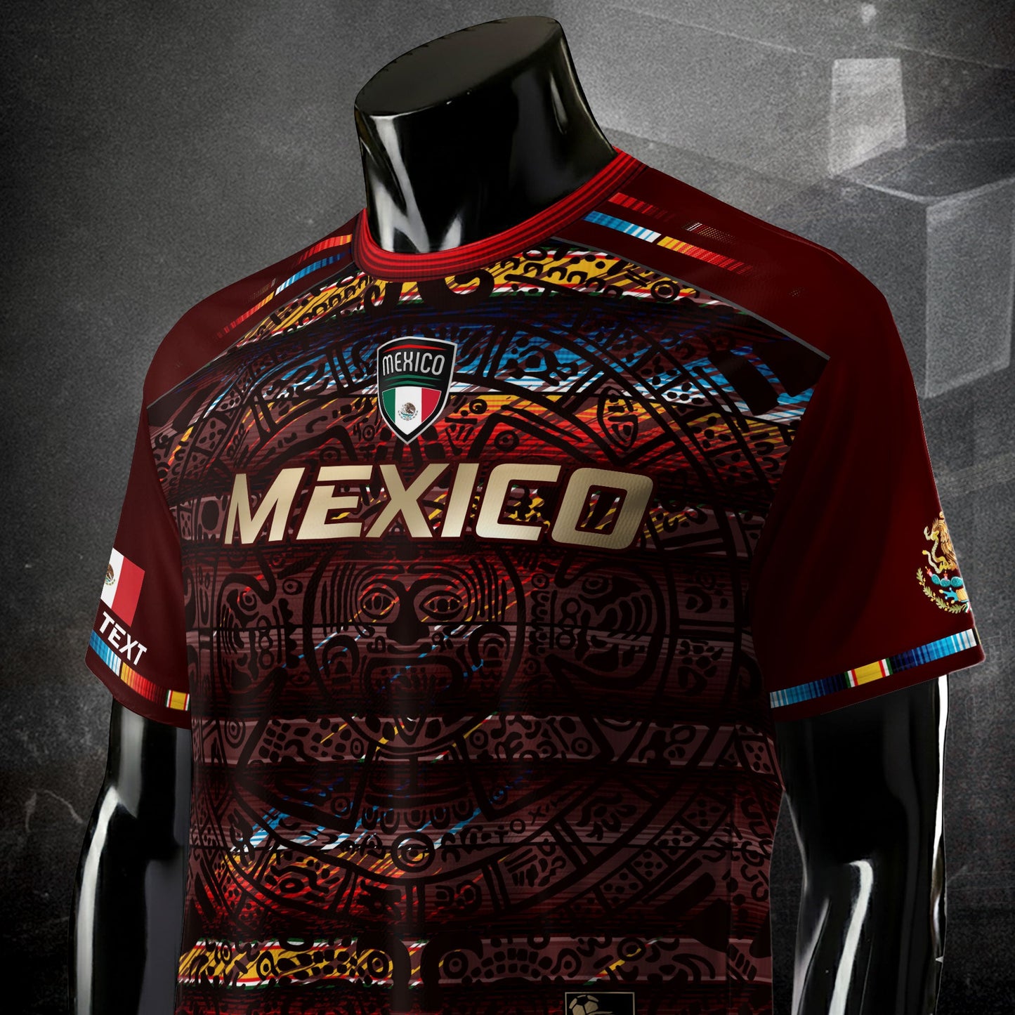 Custom Mexico Soccer Jersey Burgundy Gold Heritage Aztec Calendar Design