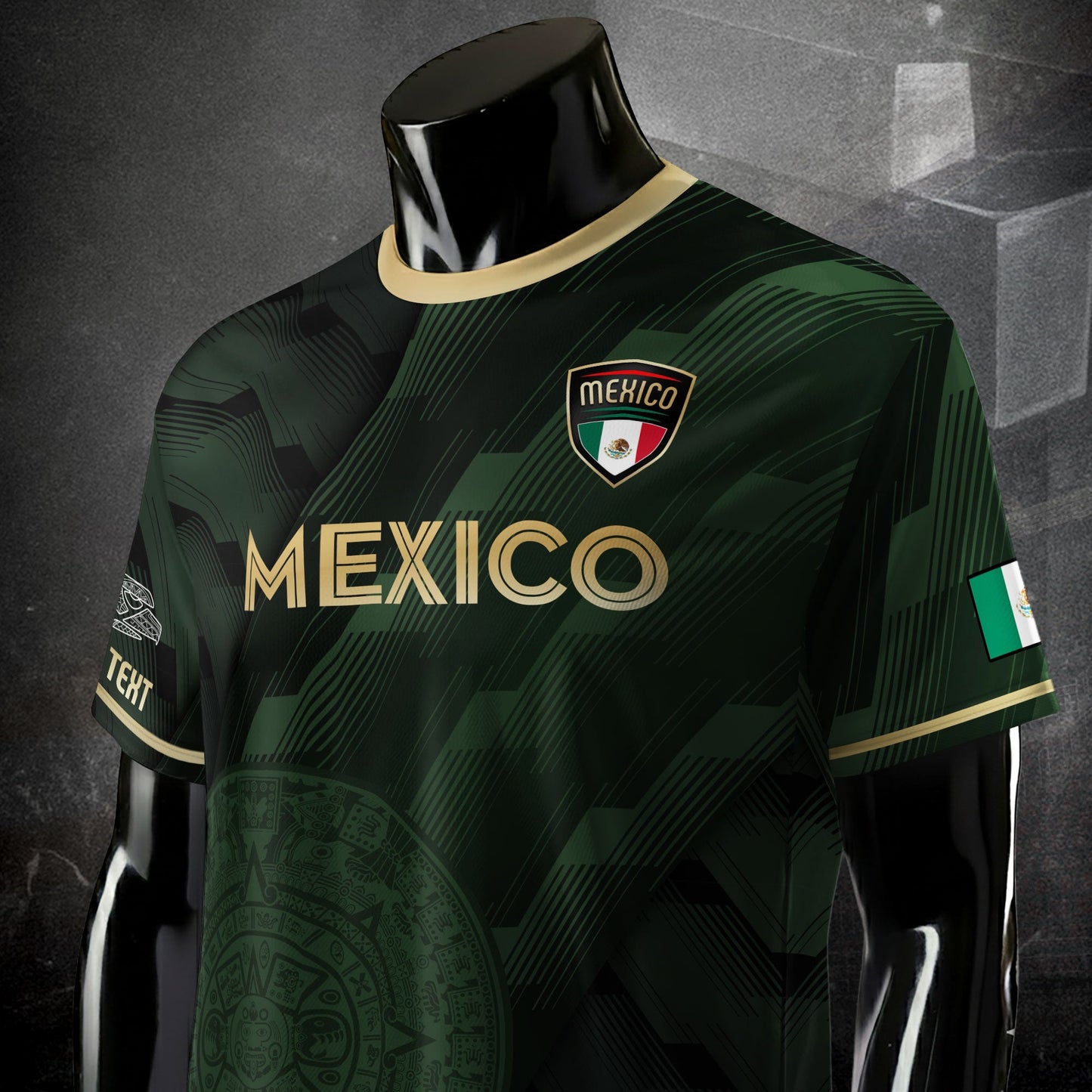 Custom Mexico Green Soccer Jersey with Golden Aztec Calendar Design