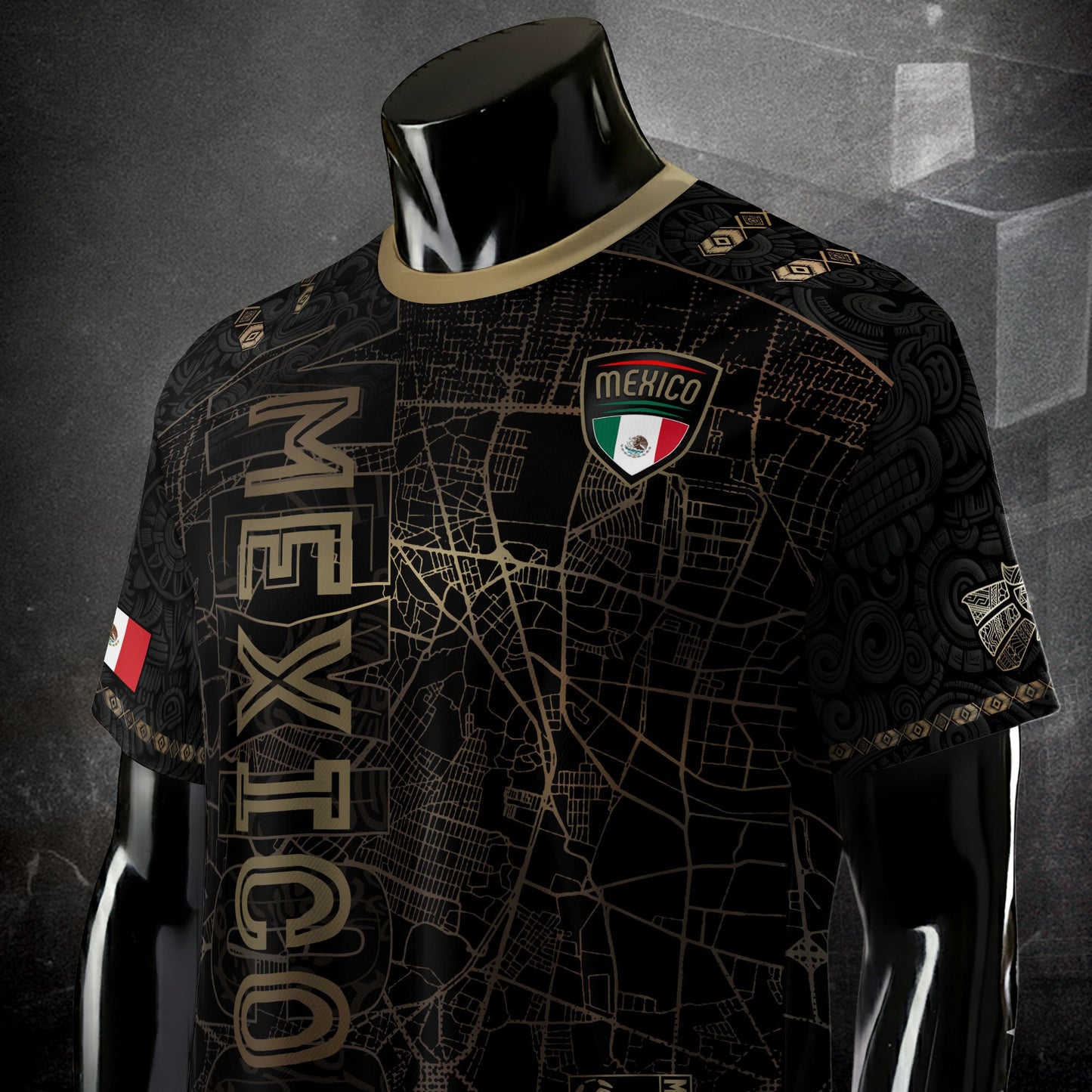 Mexico Soccer Jersey Black Gold City Map & Eagle Emblem