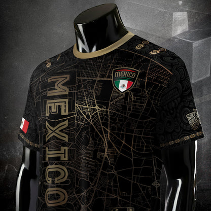 Mexico Soccer Jersey Black Gold City Map & Eagle Emblem