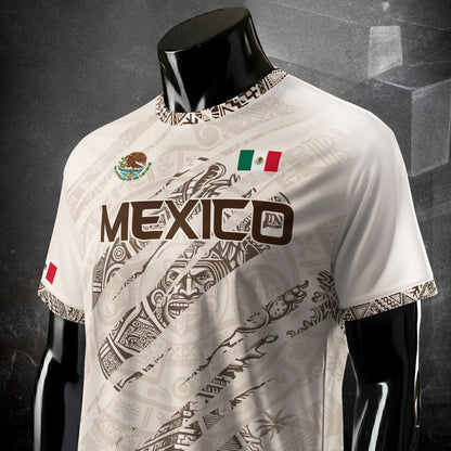 Mexico Beige Aztec Warrior Pyramid Heritage Mens Football Soccer Jersey