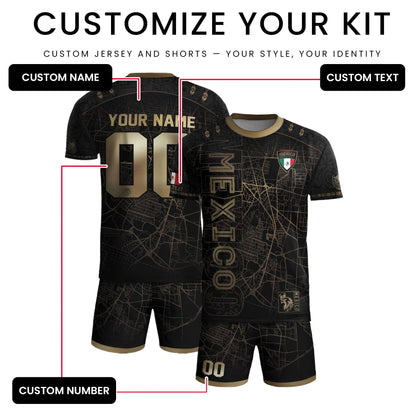 Custom Mexico Soccer Jersey Black Gold Heritage Map Aztec Design
