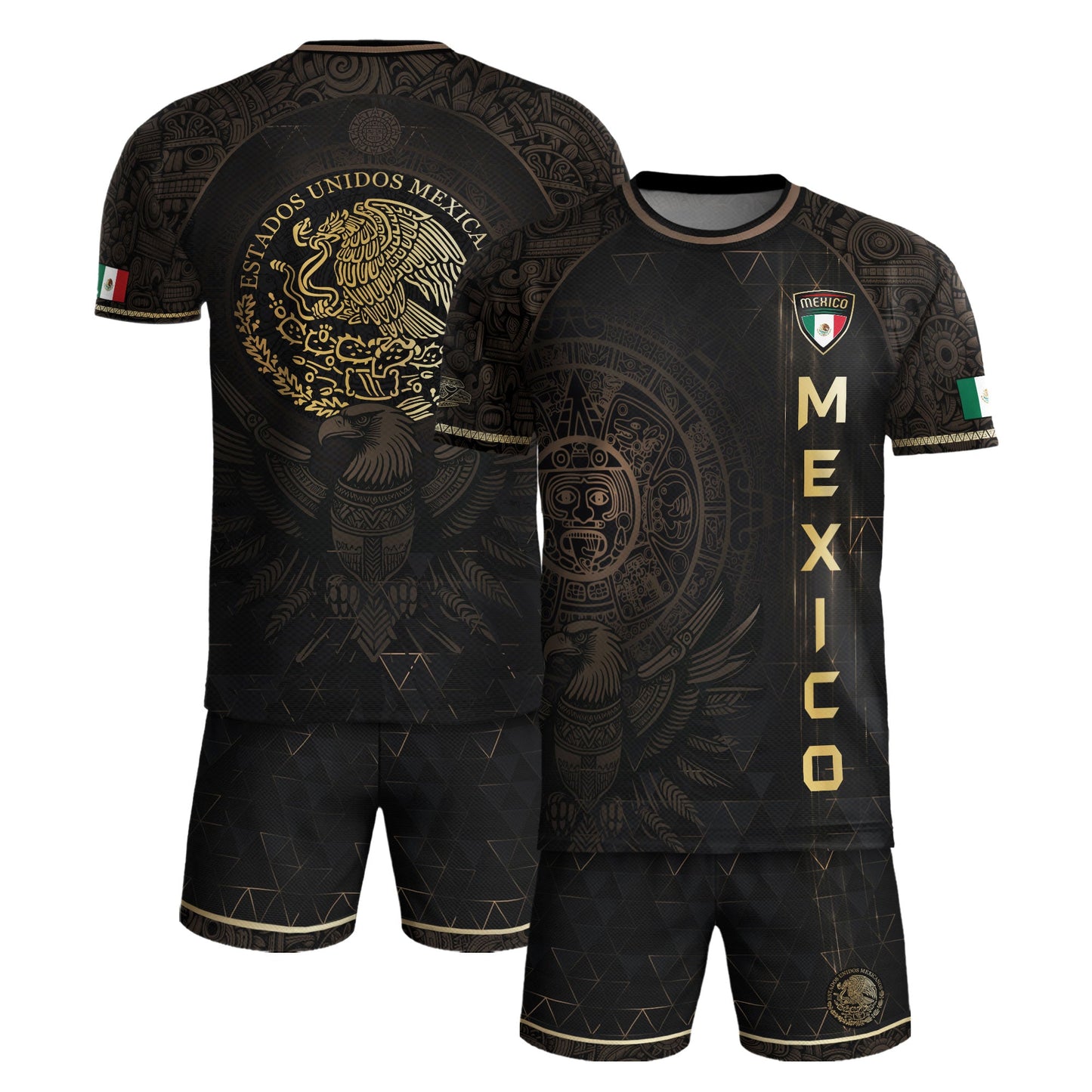 Mexico Soccer Jersey Black Gold Aztec Calendar & Eagle Emblem