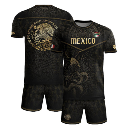 Mexico Soccer Jersey Black Gold Eagle & Snake Aztec Design