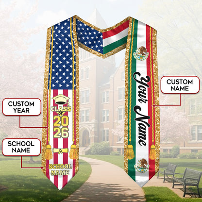 Custom Mexico Graduation Stole 2026, Personalized Mexican Sash for Graduate