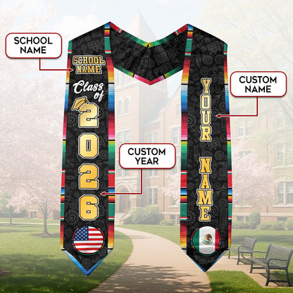 Custom Mexican Graduation Stole 2026 USA Mexico Flag Serape Eagle Emblem
