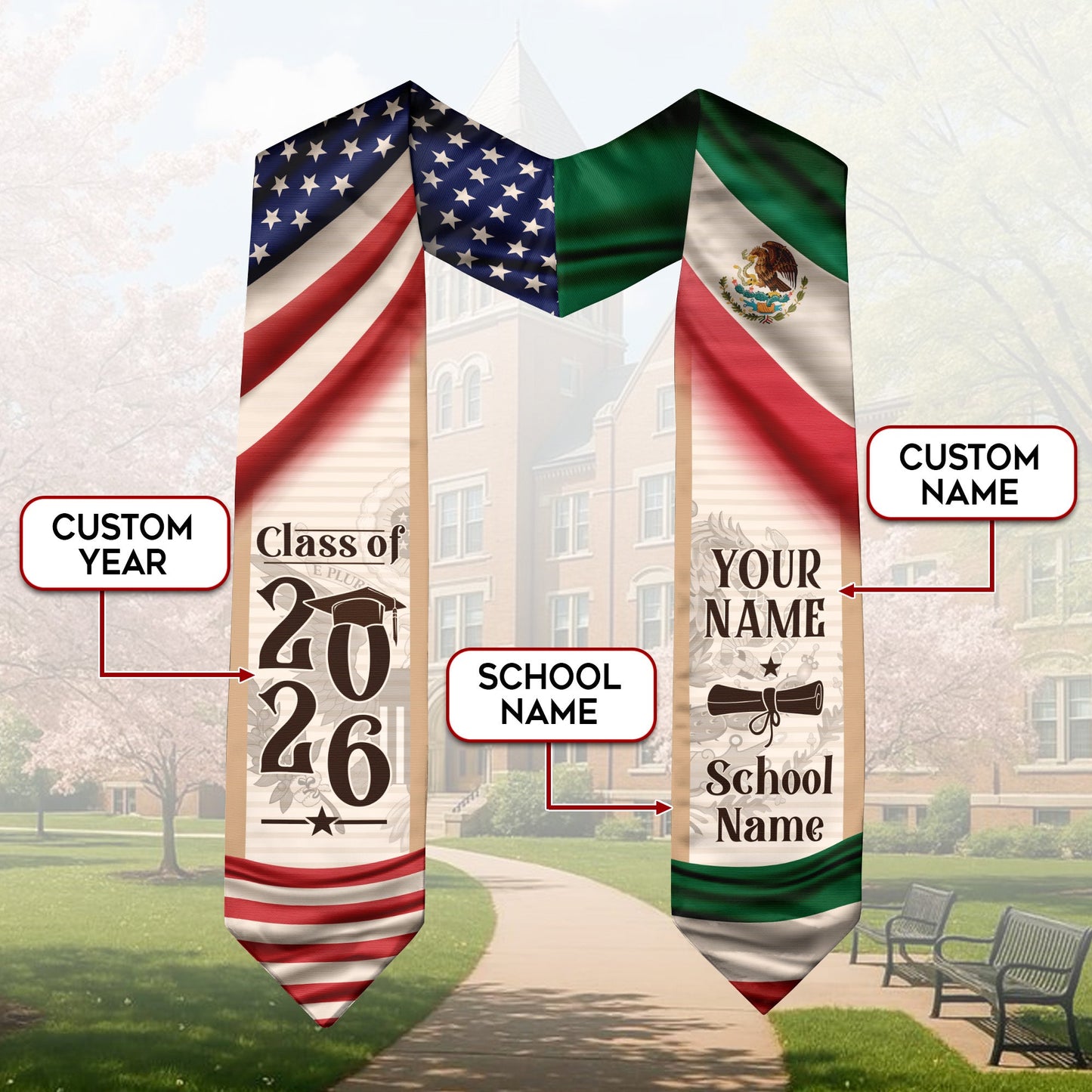 Mexican Stole for Graduation 2026, Mexico Graduation Stole, Customizable Flag Sash