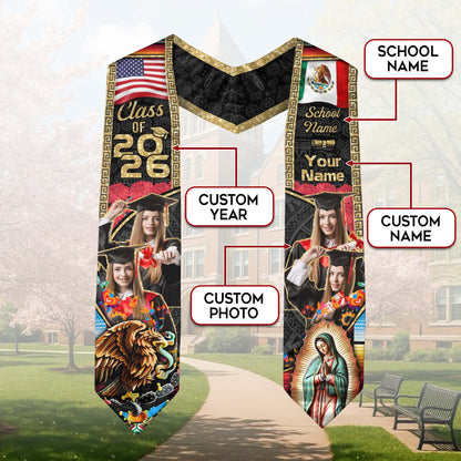 Custom Photo Mexican Stoles for Graduation 2026 Aztec Eagle & Virgin Mary USA Flag Sash