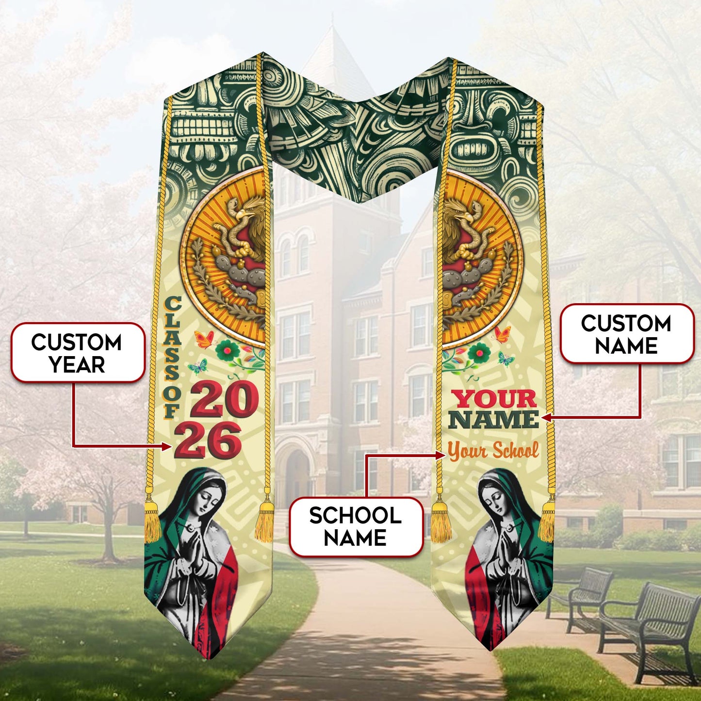 Custom Aztec Sun & Virgen Graduation Stole 2026 – Personalized Class of 2026 Senior Sash with School Name