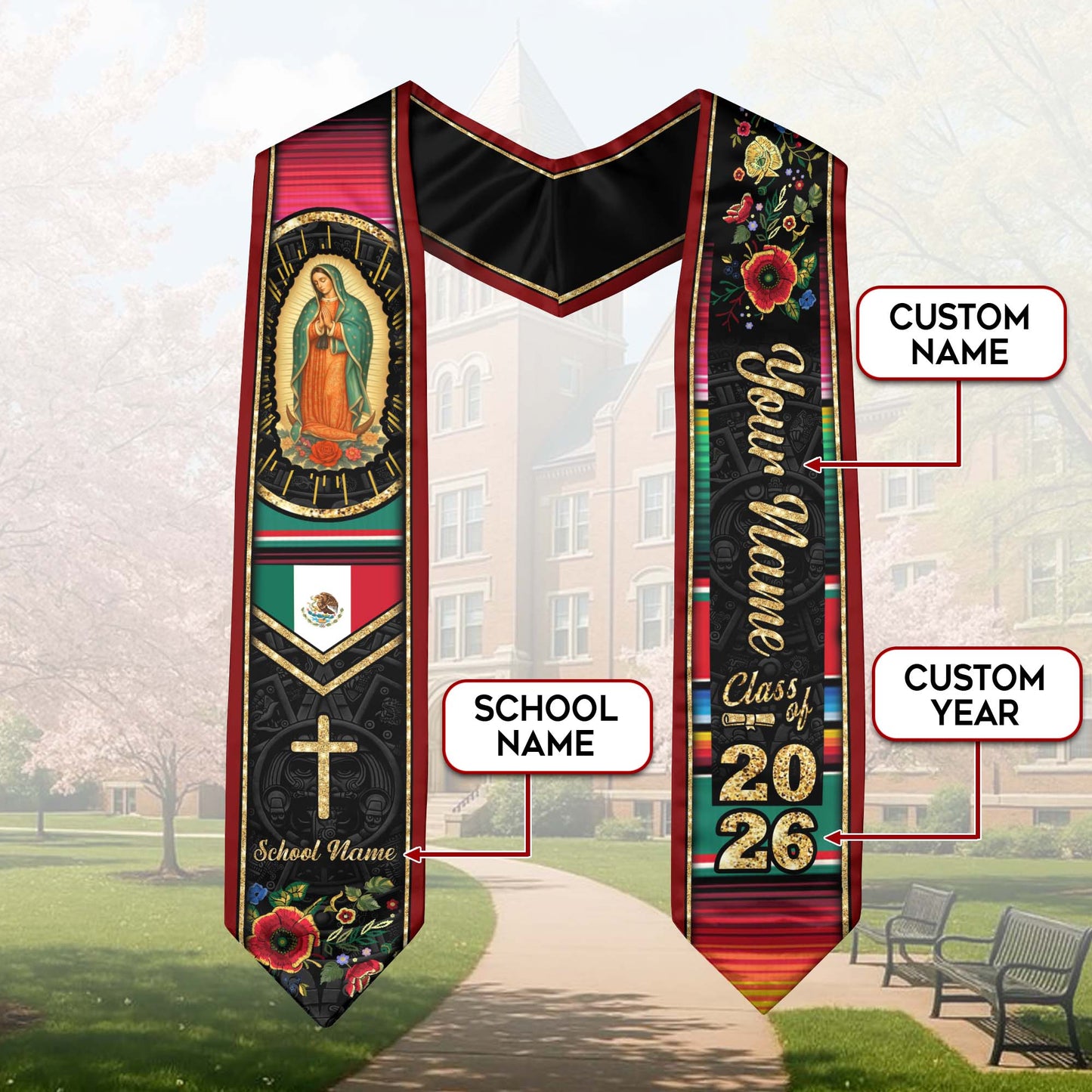 Custom Virgen de Guadalupe Christian Graduation Stole 2026 – Personalized Class of 2026 Senior Sash with Cross & Floral Design