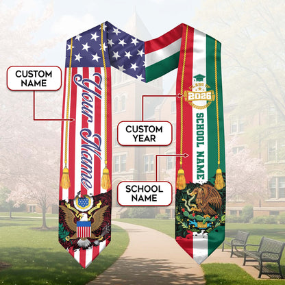 Personalized Mexican American Graduation Sash Class of 2026 Flag Eagle Name Stole