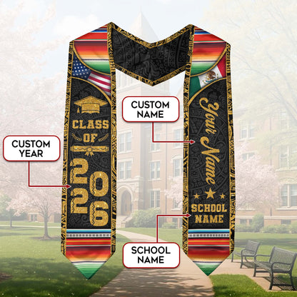 Custom Mexican Graduation Stole Class of 2026 Serape Stripe Aztec Pattern Name Sash