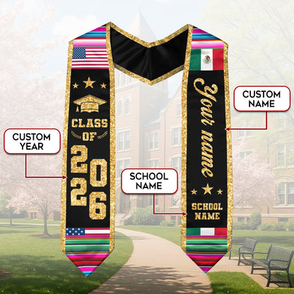 Mexican Graduation Stole Custom Name Mexico USA Flag Serape Gold Glitter Class 2026