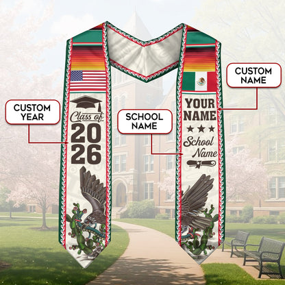 Custom Mexican Graduation Stole Mexico USA Flag Eagle Serape Class 2026