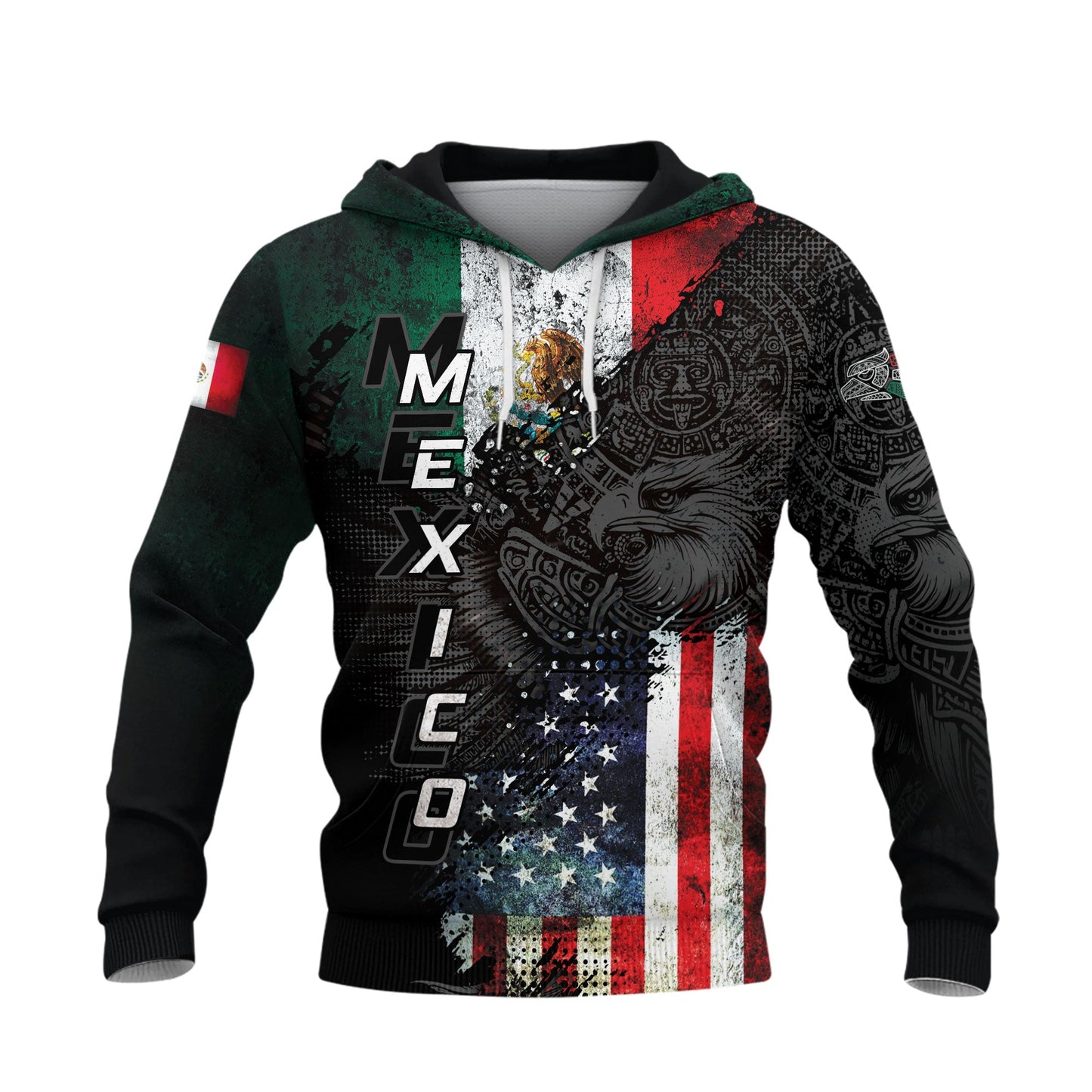 Mexico Aztec Heritage Hoodie 2-Pack Bundle – USA Flag Eagle Pride Unity + Sunstone Calendar Ancient Symbol Warrior