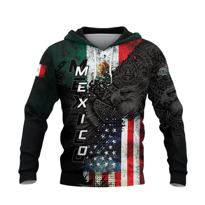 Mexico Aztec Heritage Hoodie 2-Pack Bundle – USA Flag Eagle Pride Unity + Sunstone Calendar Ancient Symbol Warrior