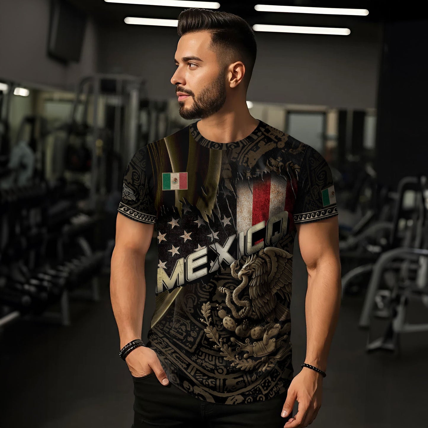 Mexico USA Flag Golden Eagle Aztec Pattern Heritage Unity Pride Power Shirt