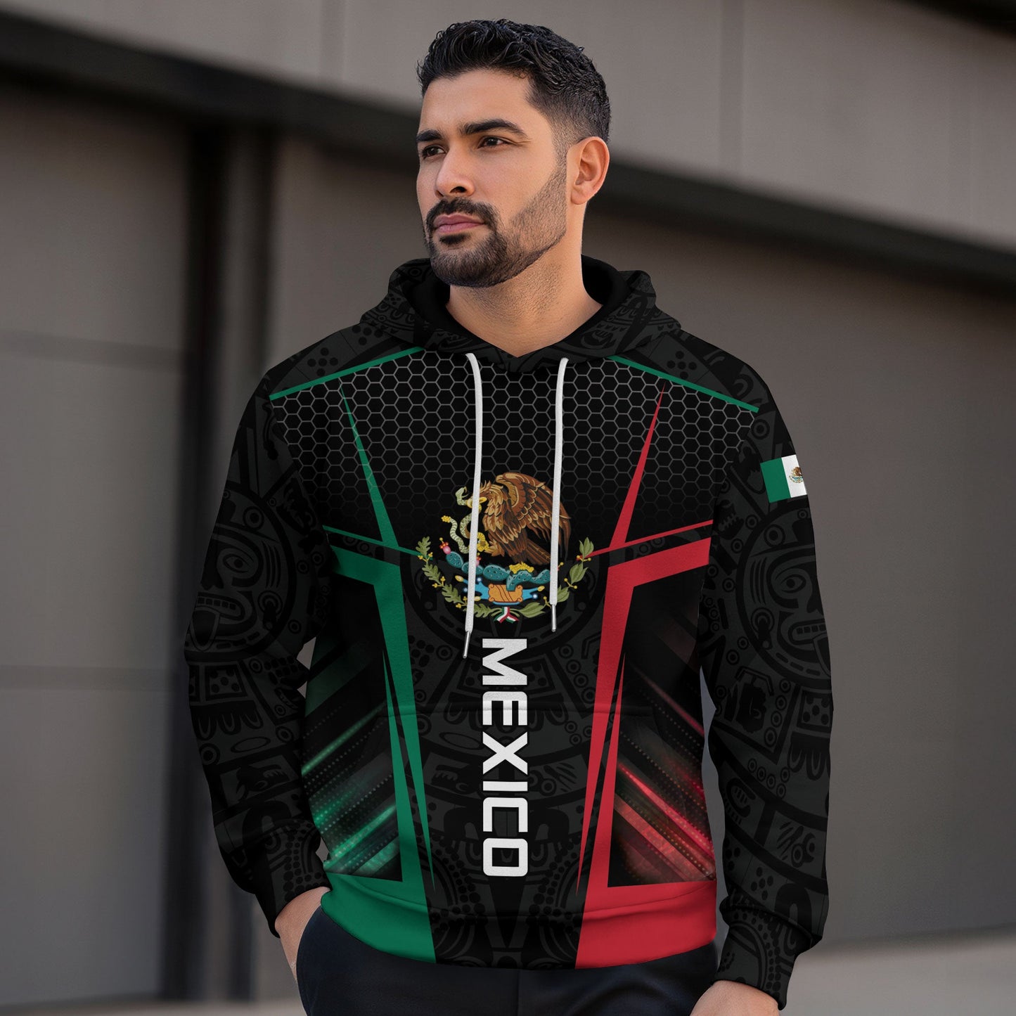 Mexican Black Green Red Flag Eagle Aztec Hexagon Mens Sudadera De Mexico Hoodie