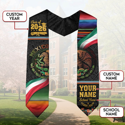 Mexican Graduation Stole Aztec Eagle Flag Serape Custom Mexico Sash 2026 Floral Crest