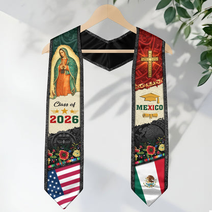 Mexican Graduation Stole Mexico USA Flag Aztec Virgin Mary Cross Eagle 2026