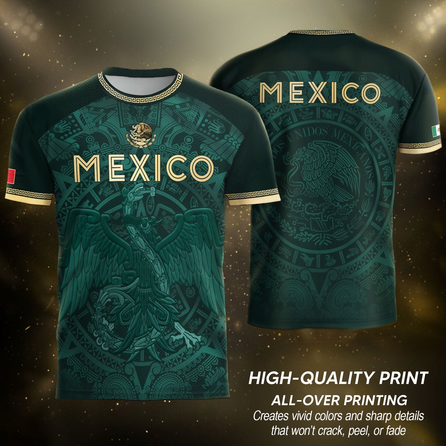 Mexico Heritage Orgullo Mexicano Green Gold Eagle Aztec Calendar Soccer Jersey