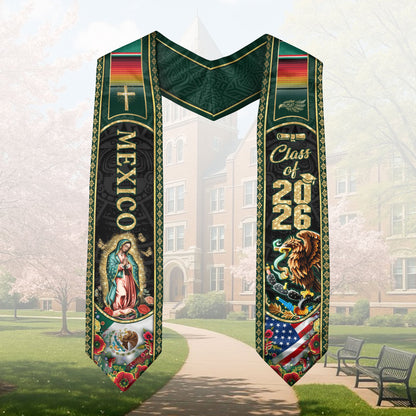 Virgin Mary Mexico Graduation Stole 2026, Golden Cross & US Mexico Flag