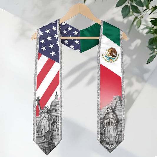 Mexican American Graduation Stole - Silver Glitter Mexico USA Flag Sash