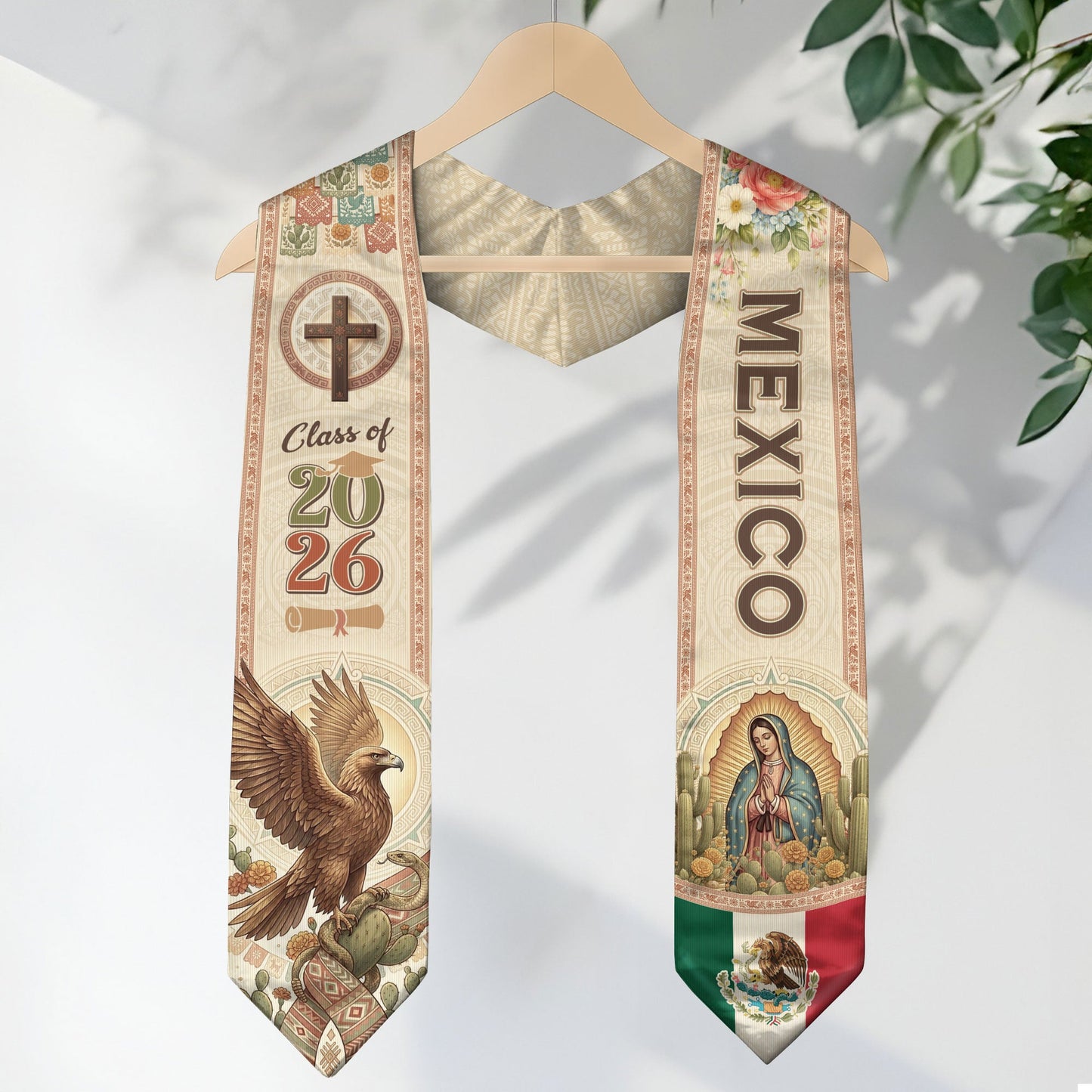 Mexico Graduation Stole 2026 Eagle Cactus Virgin Mary Cross Vintage Catholic Design