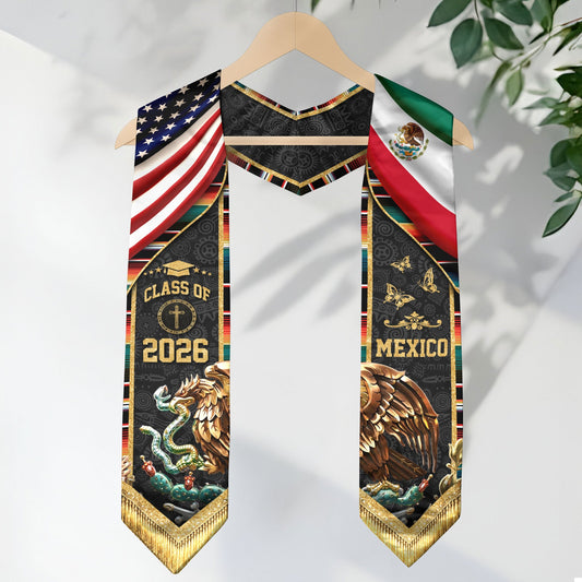 Mexico USA Graduation Stole Class of 2026 - Virgin Mary Dual Flag Heritage Sash