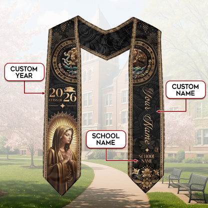 Custom Mexican Graduation Stole 2026 Virgin Mary Gold Eagle Heritage Black Luxury Sash