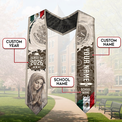 Custom Mexican Graduation Stole Class of 2026 Virgin Mary Guadalupe Heritage Sash Gift