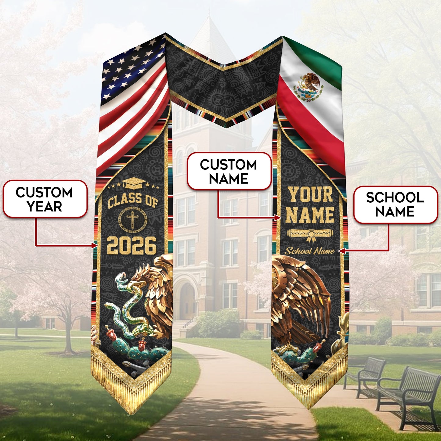 Mexico Graduation Stole 2026 Custom Name School USA Mexican Flag Eagle Heritage Sash