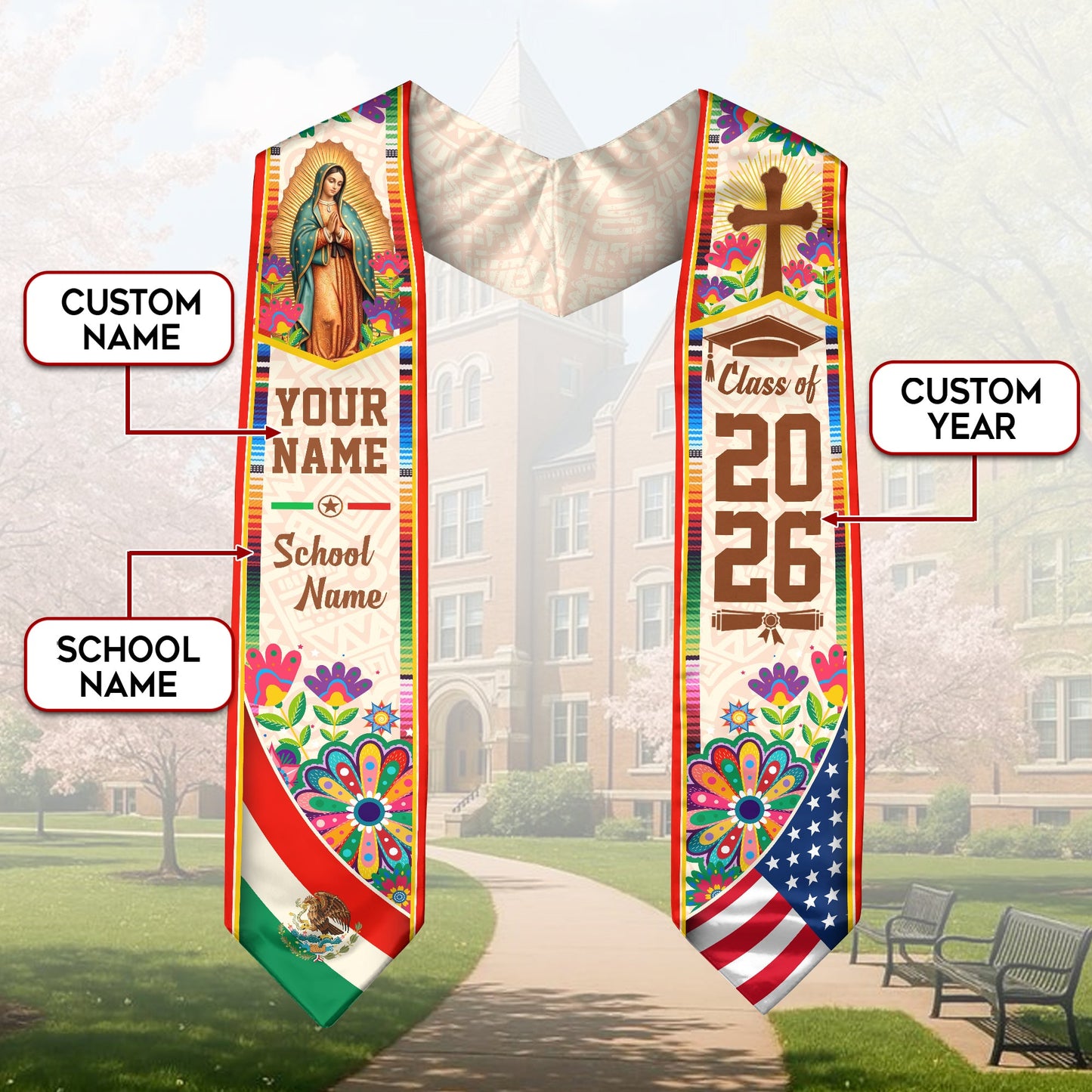 Mexican American Graduation Stole 2026 - Personalized Name Mexico USA Flag Sash