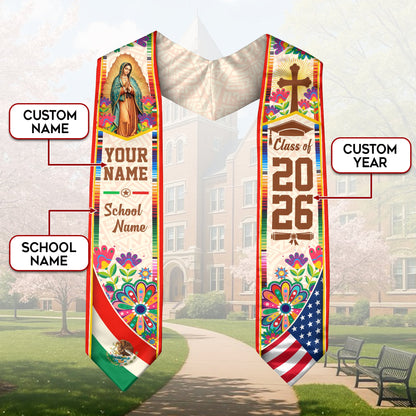 Mexican American Graduation Stole 2026 - Personalized Name Mexico USA Flag Sash