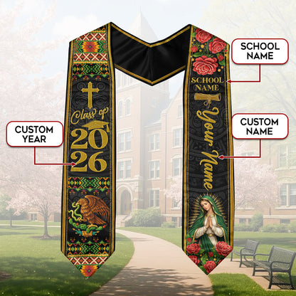 Custom Name Mexican Graduation Stole 2026 - Our Lady of Guadalupe & Eagle Heritage Sash