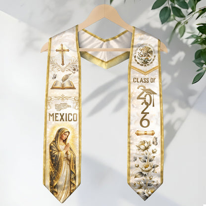 Class of 2026 Mexican Graduation Stole - Virgin Mary & Knowledge Gold Sash