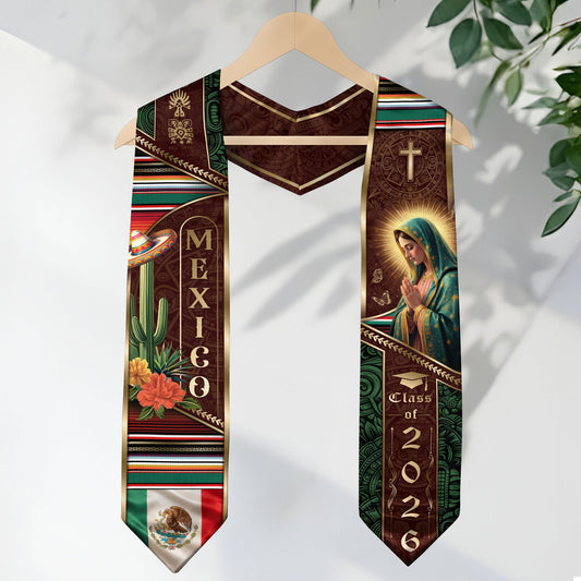 Mexican Heritage Graduation Stole 2026 - Cactus & Sombrero Mexico Graduation Sash