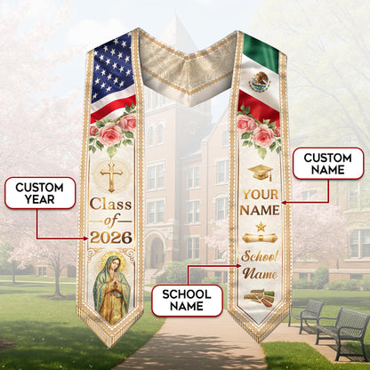 Custom Mexican Graduation Stole 2026 Virgin Mary Aztec Eagle Name School Sash