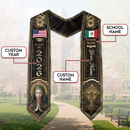 Custom Mexico Graduation Stole 2026 Virgin Mary Cross Mexican US Flag Gold Greek Sash