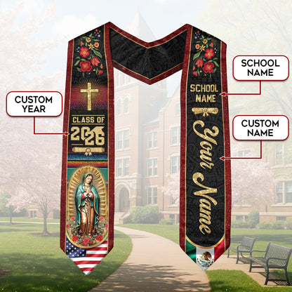 Personalized Mexico US Flag Graduation Sash 2026 - Virgin Mary Floral Stole Gold