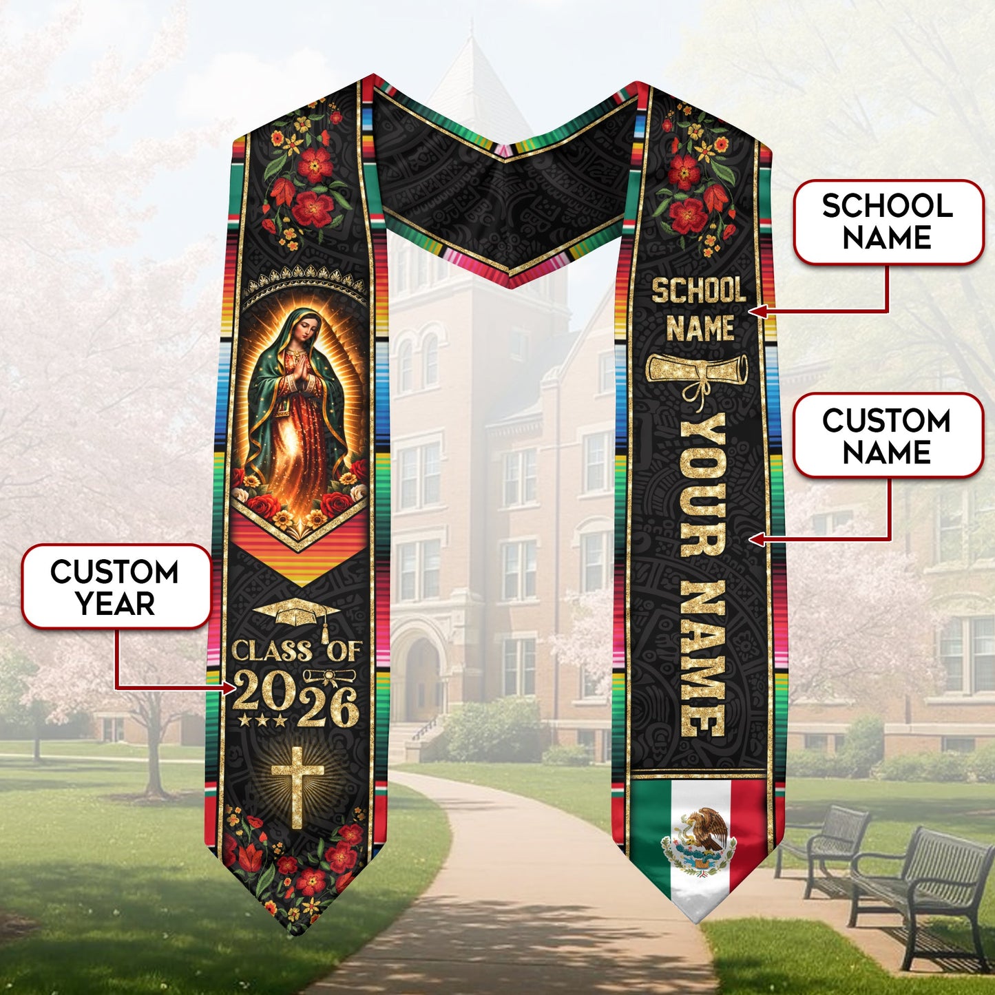 Custom Name School Mexico Graduation Stole 2026 - Mexican Pride Serape Cross Sash