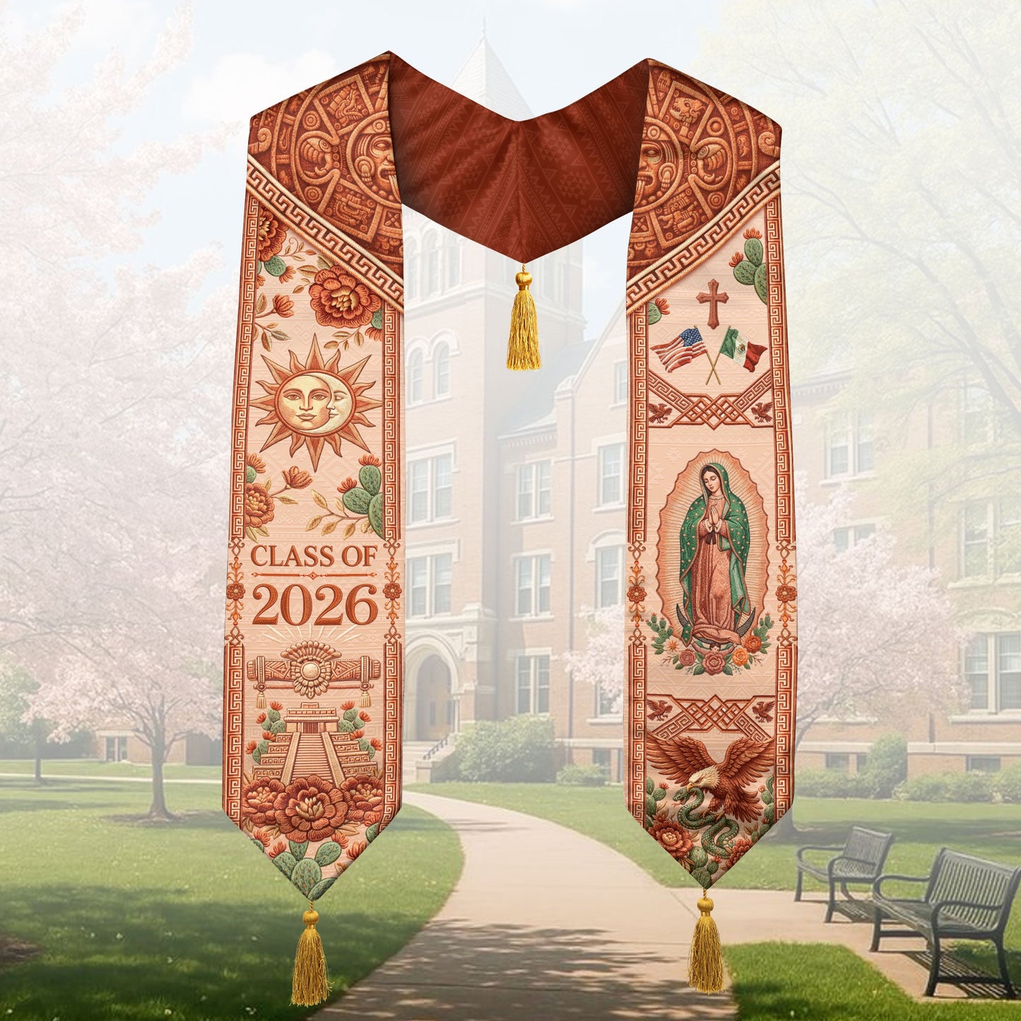 Mexico Graduation Stole Class of 2026 Sun Moon Chichen Itza Guadalupe Tassel Sash