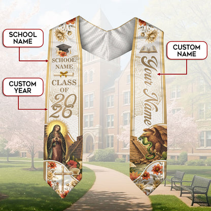 Virgin Mary Graduation Stole 2026 - Personalized Mexican Heritage Guadalupe Gold Sash