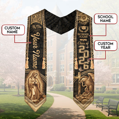 Vintage Gold Mexico Graduation Stole 2026 Virgin Mary Eagle Personalized Heritage Sash
