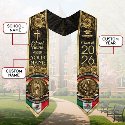 Mexico Graduation Stole 2026 Gold Glitter Virgin Mary Eagle Personalized Heritage Sash