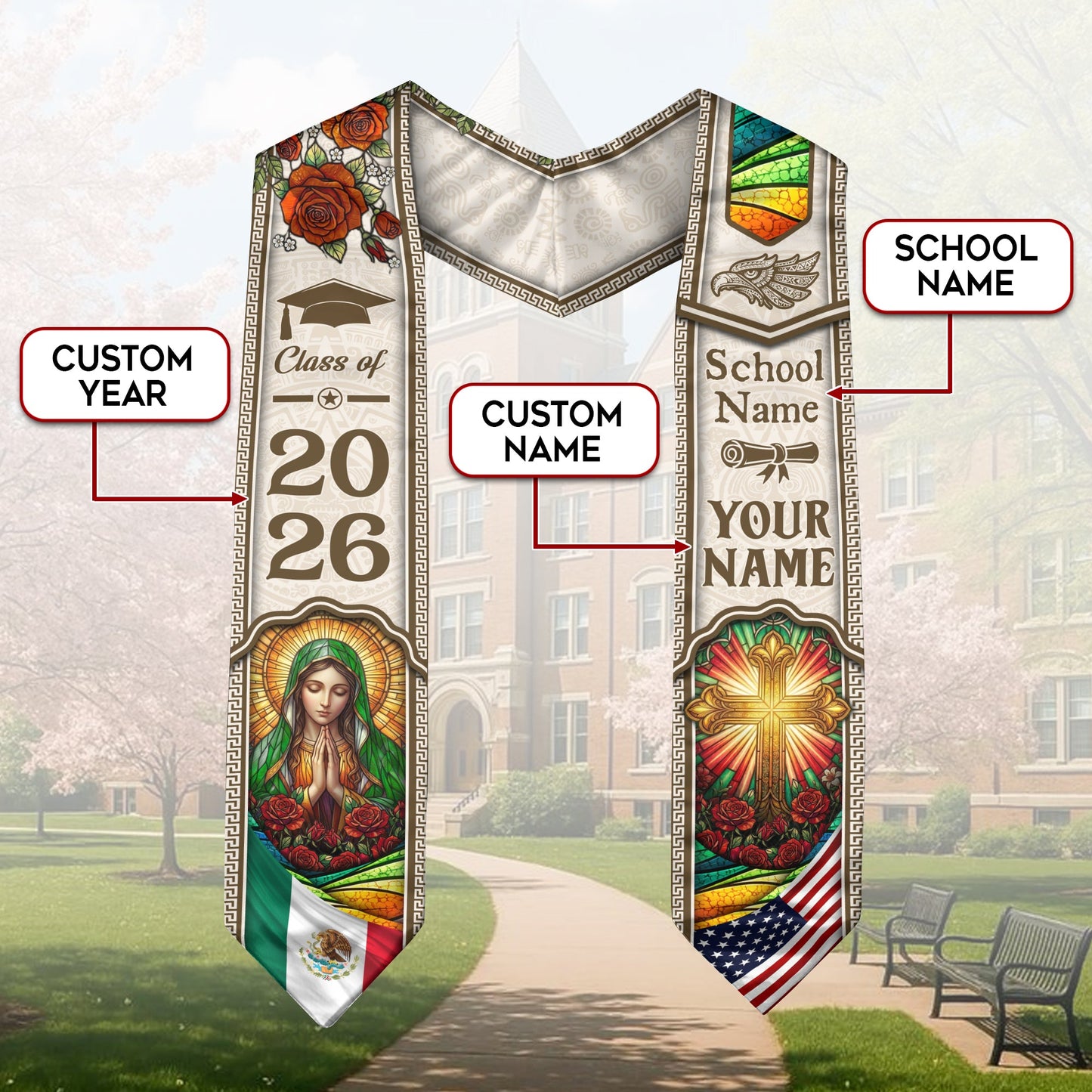 Mexican Graduation Stole 2026 Custom Name School Virgin Mary Cross Gold White Sash