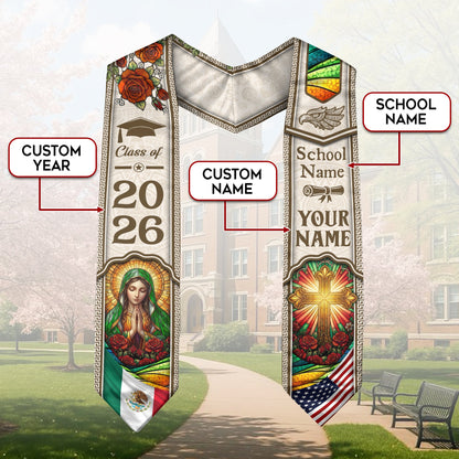 Mexican Graduation Stole 2026 Custom Name School Virgin Mary Cross Gold White Sash