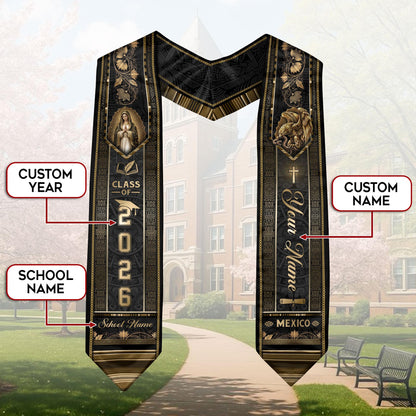Mexico Graduation Stole Class of 2026 - Custom Name School Gold Black Sash
