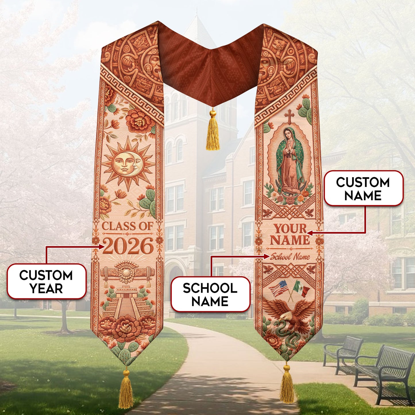 Personalized Mexico Graduation Stole 2026 Tassels Virgin Mary Terracotta Aztec Sash