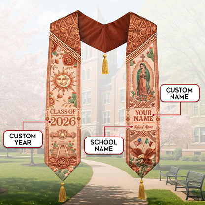 Personalized Mexico Graduation Stole 2026 Tassels Virgin Mary Terracotta Aztec Sash